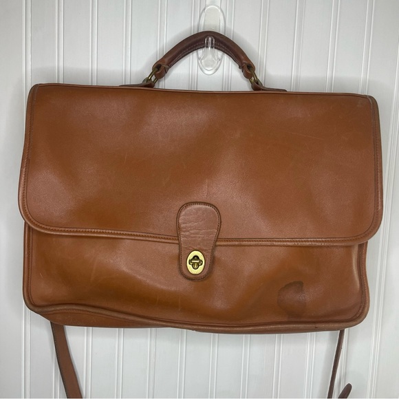 Vintage 90s COACH Tan Leather Briefcase Bag - Picture 1 of 15